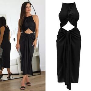 Andrea Iyamah Reni Cutout Twist Detail Midi Dress Size Large Solid Black